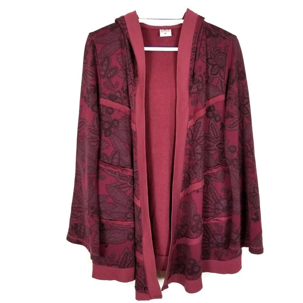 C.M.C.‎ Women Printed Cotton Cardigan Sweater Size M Wine Lagenlook Artsy Hoodie